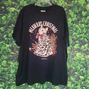 Farm Rio Christmas Cat Graphic T Shirt XL Black 100% Cotton Holiday Tee